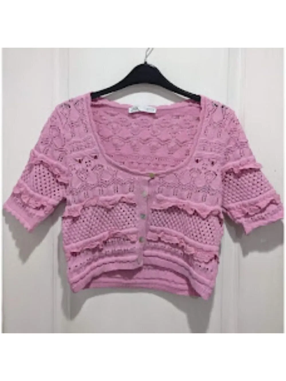 Zara | Short Sleeve Pink Lace Crochet Cardigan - Picture 2 of 11